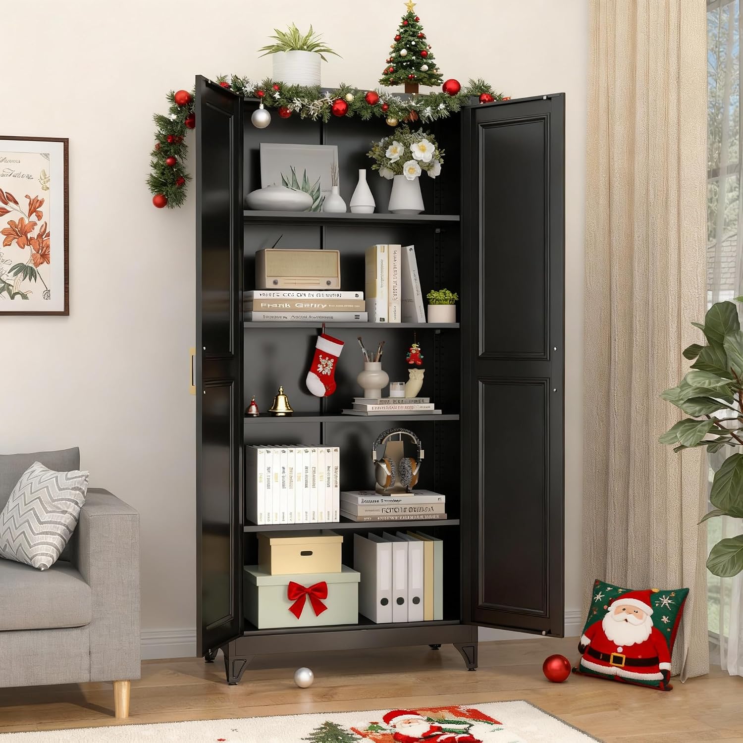 SteeLoong Kitchen Pantry Cabinet,75'Black Metal Storage Cabinets with Doors and 4 Adjustable Shelves,Kitchen Cabinet with 2 Gold Handles,Tall Cabinet for Livingroom, Bathroom