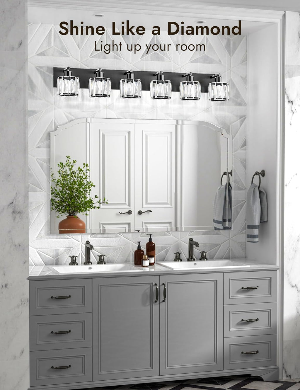 VOLISUN Crystal Vanity Lights for Bathrooms, 6 Light Bathroom Vanity Light, Modern Matte Black Bathroom Light Over Mirror, Black Bathrooms Lights Fixtures-UL Certificated(Exclude Bulb)