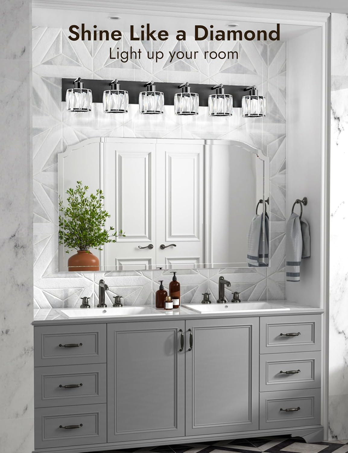 VOLISUN Crystal Vanity Lights for Bathrooms, 6 Light Bathroom Vanity Light, Modern Matte Black Bathroom Light Over Mirror, Black Bathrooms Lights Fixtures-UL Certificated(Exclude Bulb)