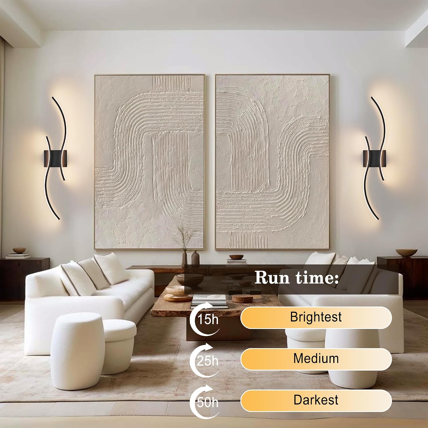 Battery Operated Wall Sconces Set of Two with Remote Control, Battery Wall Light, Stepless Colors 3000K-6000K & Dimming, Black Rechargeable Wall Sconces for Living Room, Hallway, Bedroom, 31.5 Inch