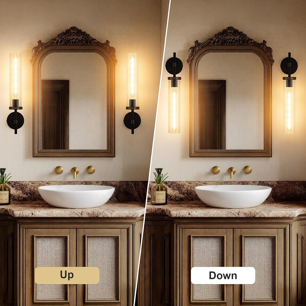 19.5' Knurled Brass Wall Sconce with Clear Glass Tube, Black Gold Bathroom Vanity Light Fixtures, Modern Lamp Lighting for Bedroom, Living Room, Hallway, Staircase, Mirror, Kitchen