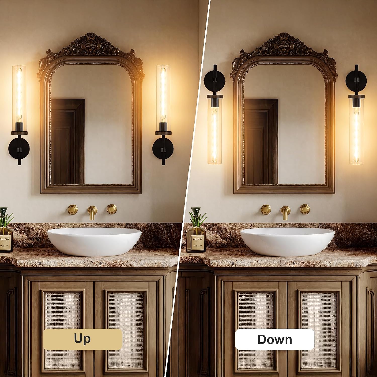 19.5' Knurled Brass Wall Sconce with Clear Glass Tube, Black Gold Bathroom Vanity Light Fixtures, Modern Lamp Lighting for Bedroom, Living Room, Hallway, Staircase, Mirror, Kitchen