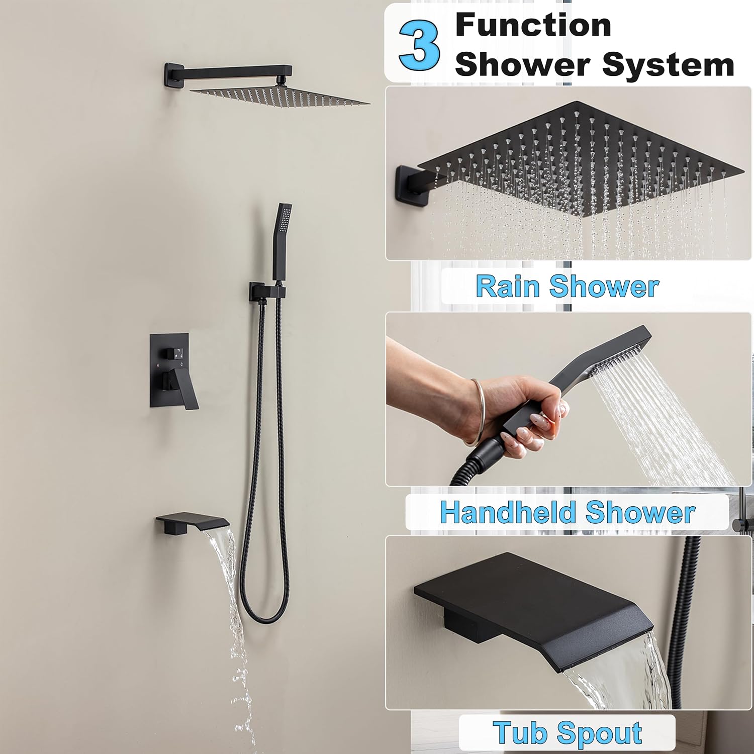 Matte Black Shower System with 12-Inch Rain Showerhead and Tub Spout | cUPC-certified pressure balance brass valve to prevent scalding, CEC-certified air injection technology for low pressure