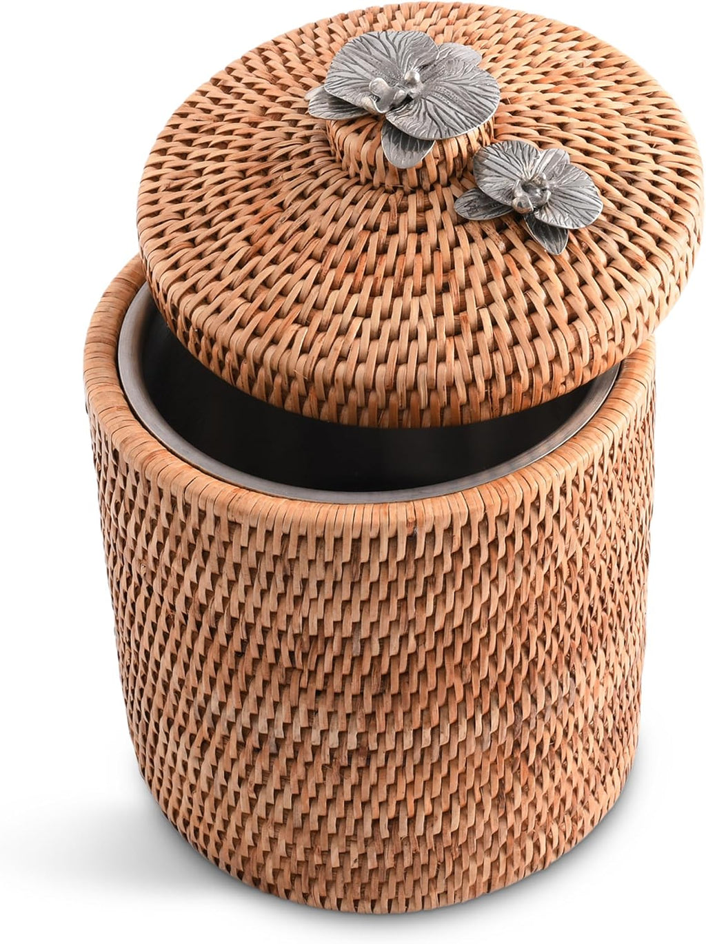 Vagabond House Wicker Ice Bucket with Pewter Orchid Knob, Stainless Steel Lining, Hand Woven Rattan, 8 Inches Tall - Perfect Beach Essentials, Beach House - Champagne Holder Basket Woven Decor