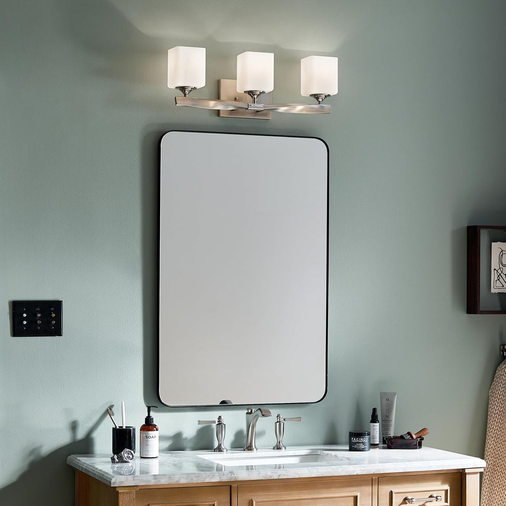 Kichler Marette 22.75' Vanity Light in Brushed Nickel, 3-Light Modern Bathroom Light with Satin Etched Cased Opal Glass, (22.75' W x 8' H), 55002NI