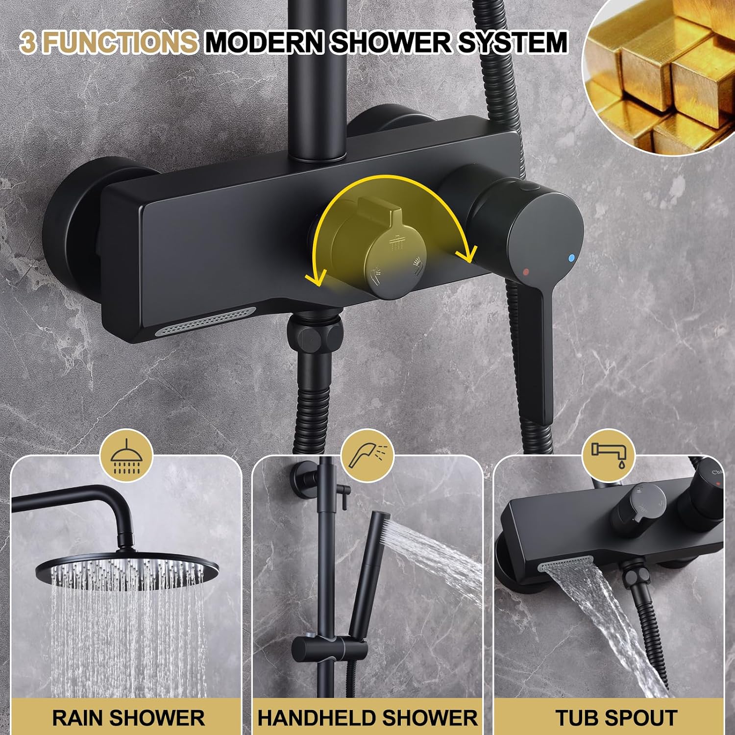 Matte Black Exposed Shower System with 2 Modes HandHeld,3 Functions Tub Shower Faucet Sets with Brass Valve, Shower Fixture with 10 Inches Rainfull Shower Head,Shower Height Adjustable