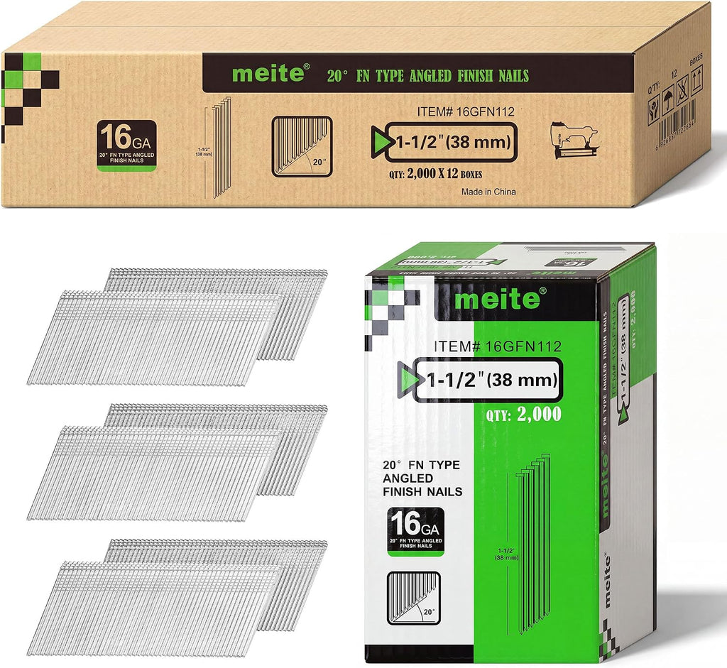 meite 16 Gauge 20 Degree Angled Finish Nails 1-1/2 Inch Galvanized Rust-Proof Finishing Nails for Electric or Pneumatic Finish Nailer - Cabinet Crown Baseboard Trim & Molding (24,000 PCS)