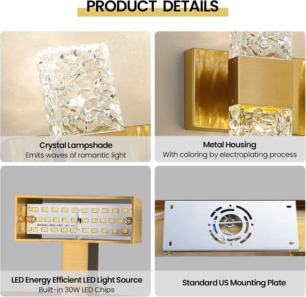 Epinl Gold Bathroom Vanity Light Fixtures - Brushed Gold Vanity Light Bathroom Lighting Fixtures Over Mirror 40W Dimmable Crystal Wall Sconces 4 Light LED Modern Bathrooms Lights 4000K