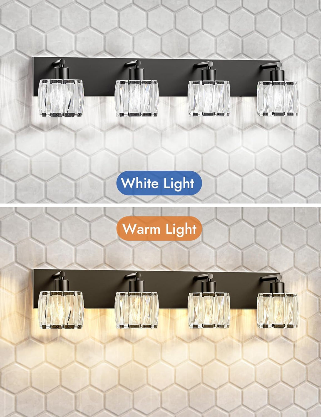 VOLISUN Crystal Vanity Lights for Bathrooms, 4 Light Bathroom Vanity Light, Modern Matte Black Bathroom Light Over Mirror, Black Bathrooms Lights Fixtures-UL Certificated(Exclude Bulb)