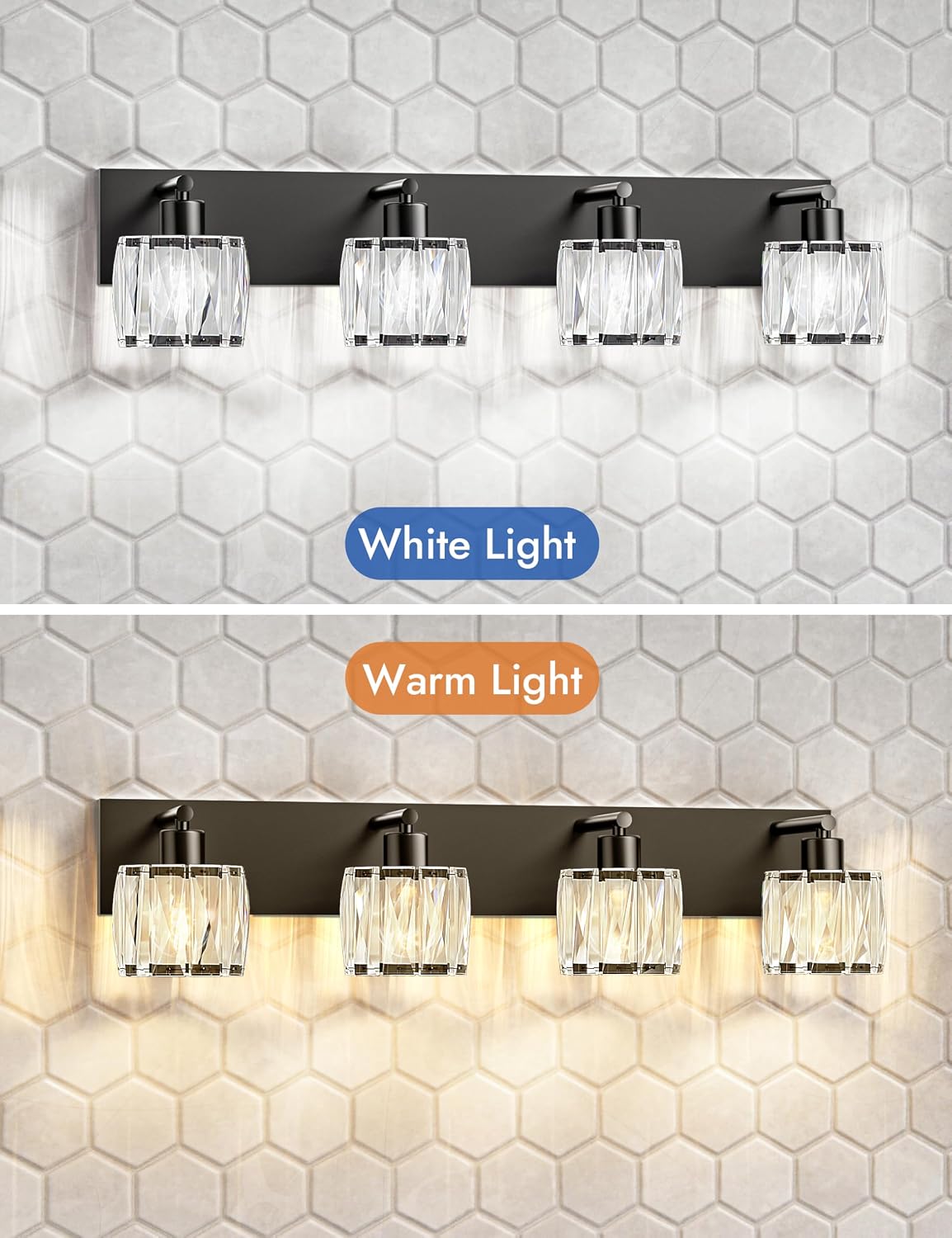 VOLISUN Crystal Vanity Lights for Bathrooms, 4 Light Bathroom Vanity Light, Modern Matte Black Bathroom Light Over Mirror, Black Bathrooms Lights Fixtures-UL Certificated(Exclude Bulb)