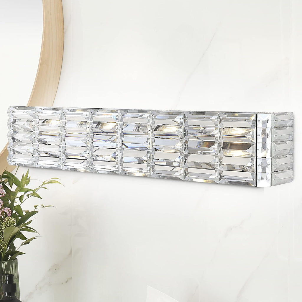 JONATHAN Y 31.75' Chrome Modern Crystal Vanity Light, LED Bathroom Wall Sconce, 4-Light Fixture for Mirror, Glam Lighting with Clear Crystal Shade, Art Deco Makeup Wall Lamp (JYL7541A)
