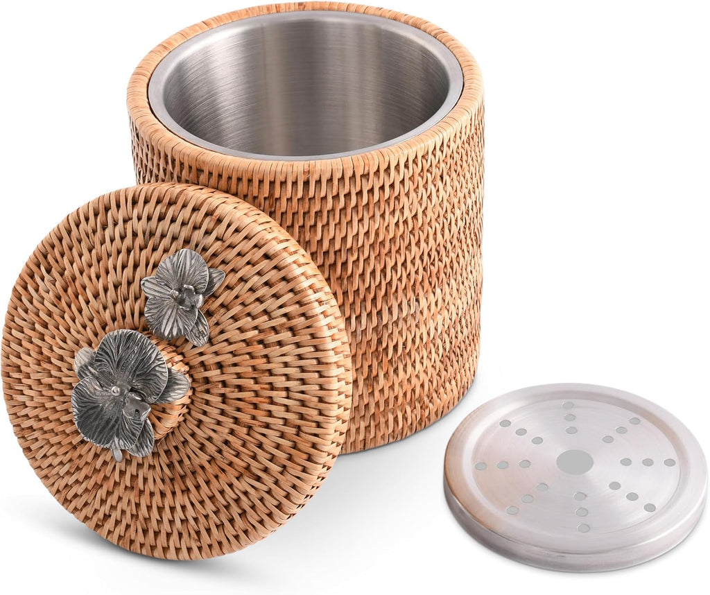 Vagabond House Wicker Ice Bucket with Pewter Orchid Knob, Stainless Steel Lining, Hand Woven Rattan, 8 Inches Tall - Perfect Beach Essentials, Beach House - Champagne Holder Basket Woven Decor