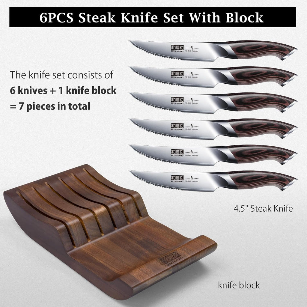 HOSHANHO Steak Knives Set of 6 with Block, 4.5 Inch Serrated Steak Knife Set, Japanese High Carbon Steel Kitchen Steak Knives with Ergonomic Handle