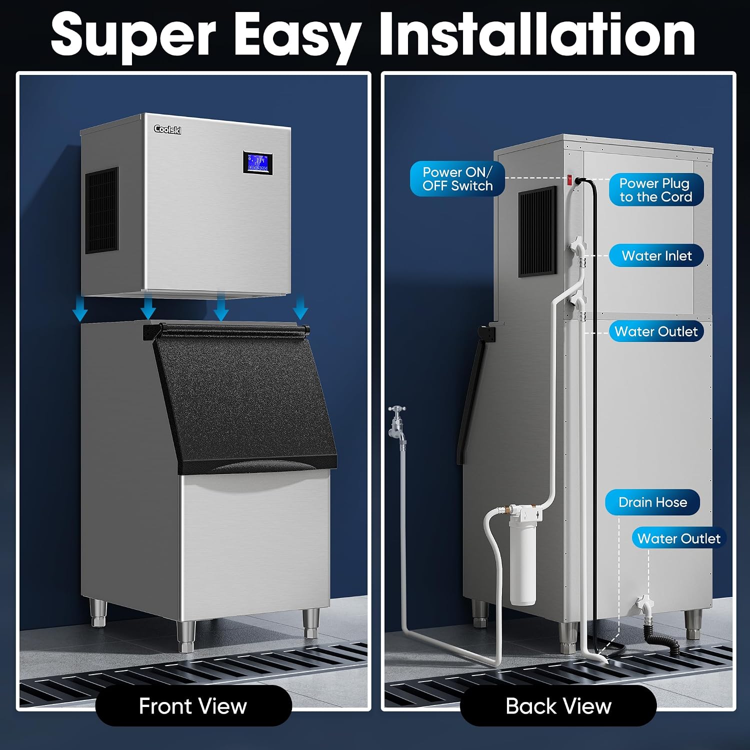 Coolski Commercial Ice Machine 420LBS/24H, 22'W Industrial Ice Maker with Large Storage Bin, Fast Ice Making, Upgraded Water Filters, DOE & ETL Certified, Ideal for Restaurants/Bars/Hotels
