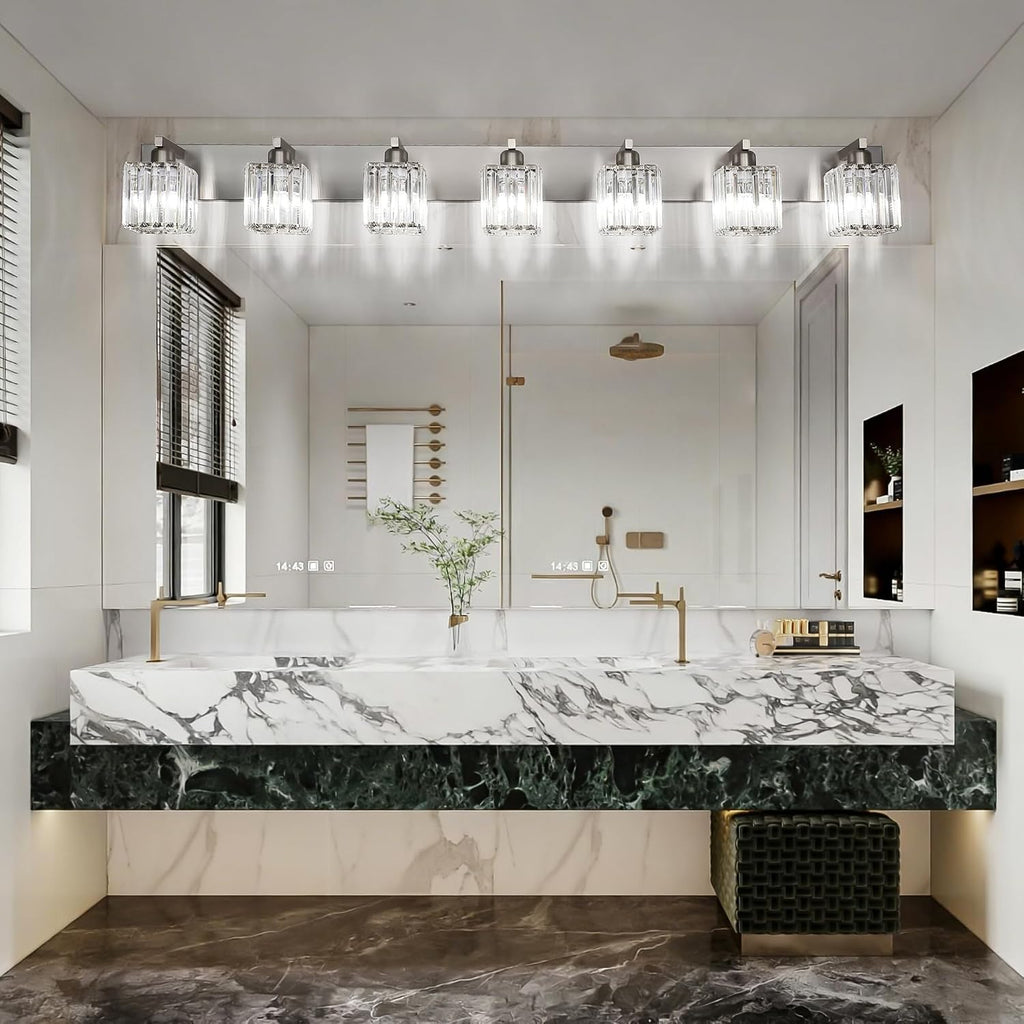 Aipsun Brushed Nickel Bathroom Light Fixtures Crystal Vanity Lighting Fixture Modern Bathroom Vanity Light 7 Light (Exclude Bulb)