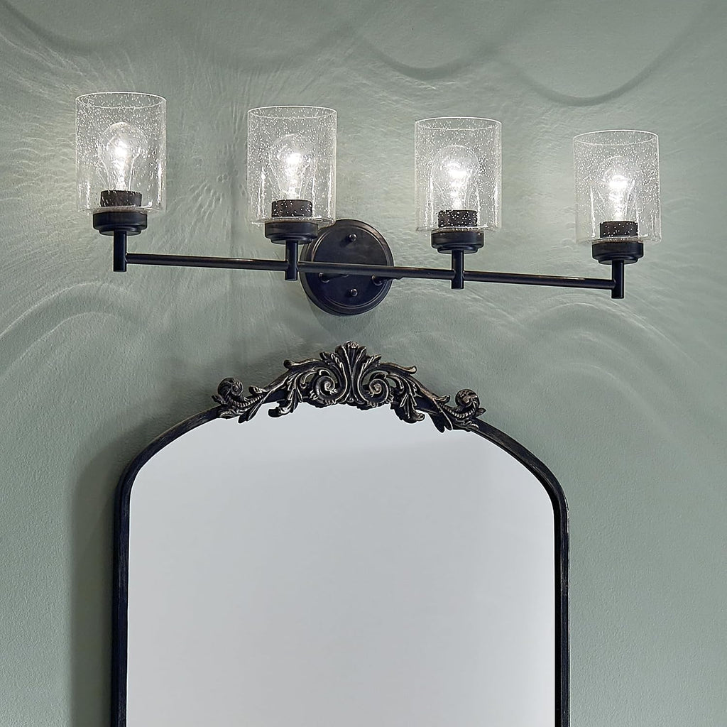 Kichler Winslow 30' 4-Light Bathroom Vanity Light Fixture with Clear Seeded Glass in Black, Modern Industrial Style for Bathroom and Powder Room, (30' x 9.25' x 6.5'), 45887BK