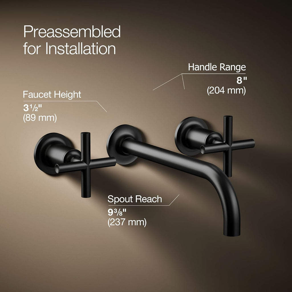Kohler T14414-3-BL Purist® Wall-Mount Bathroom Sink Faucet Trim with Cross Handles, 1.2 gpm, Matte Black