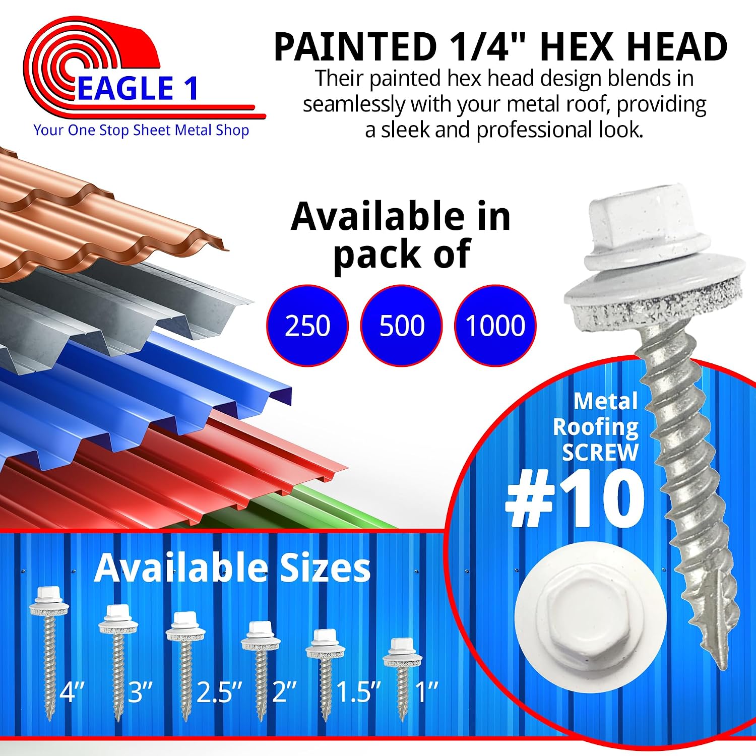 EAGLE 1 Metal Roofing Screws #10 - Painted Hex Head Self-Tapping Screws with EDPM Rubber Washer for Metal to Wood, Vinyl, Small Sheet Metal - Free Magnetic Driver (White, 2 Inch, 1000)