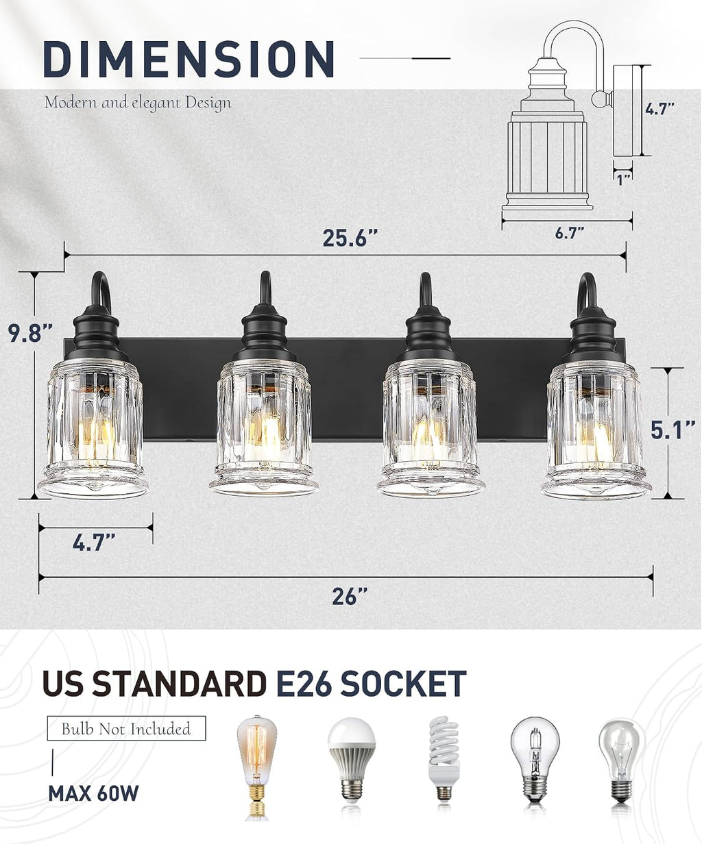 HWH 4-Light Bathroom Vanity Light, Wall Light Sconces for Bathroom, Dressing Table, Black Bathroom Mirror Wall Light with Bell-Shaped Clear Glass, Matte Black Finish, 5HZG106B-4W BK