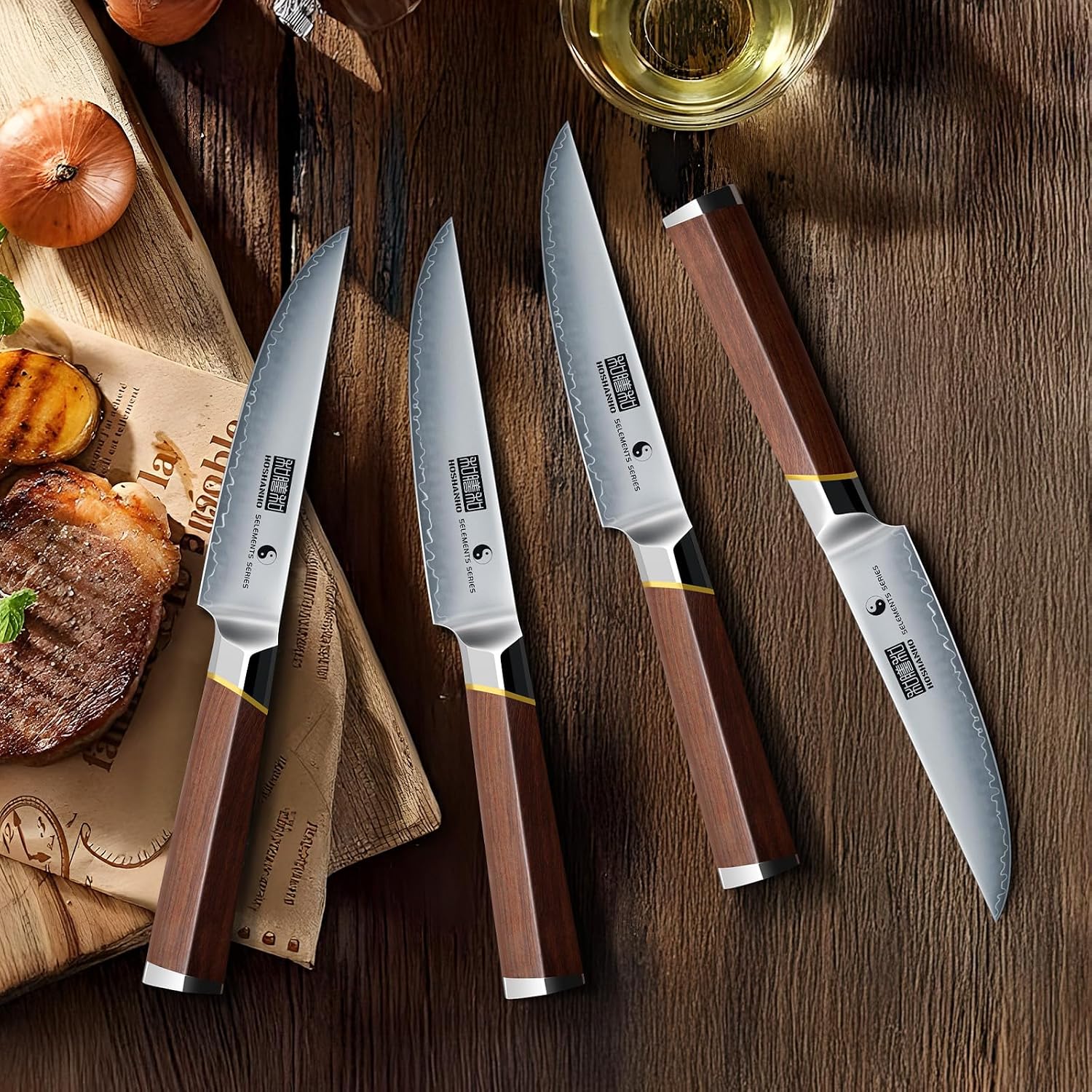 HOSHANHO Steak Knives Set of 6, Ultra Sharp 4.5 Inch Professional Non Serrated Steak Knife Set for Precise Cutting, Japanese High Carbon Steel Steak Knife with Ergonomic Handle
