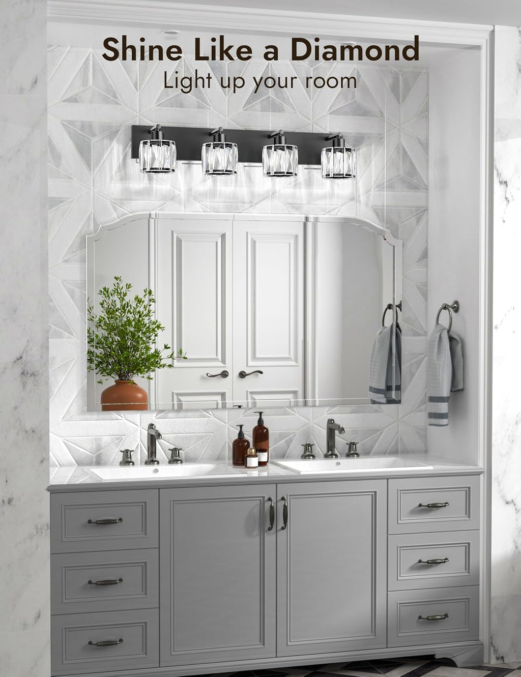 VOLISUN Crystal Vanity Lights for Bathrooms, 4 Light Bathroom Vanity Light, Modern Matte Black Bathroom Light Over Mirror, Black Bathrooms Lights Fixtures-UL Certificated(Exclude Bulb)