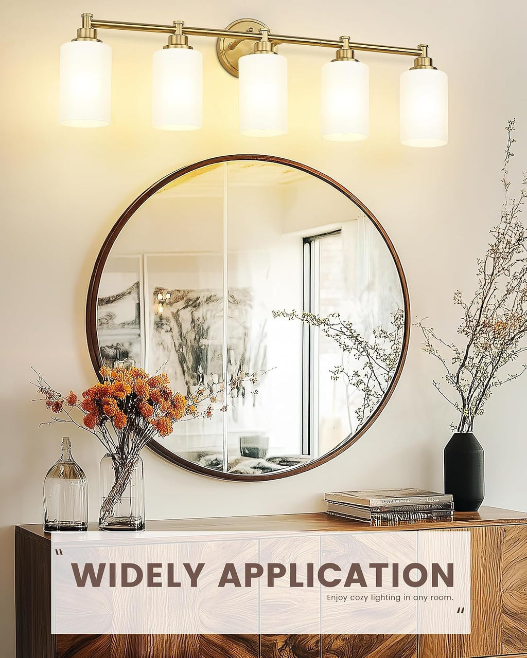FEMILA 5 Light Bathroom Light Fixture Over Mirror, 32' Brushed Gold Vanity Light, Bathroom Vanity Light with Milk White Glass, 4FYC56B-5W BG-MG