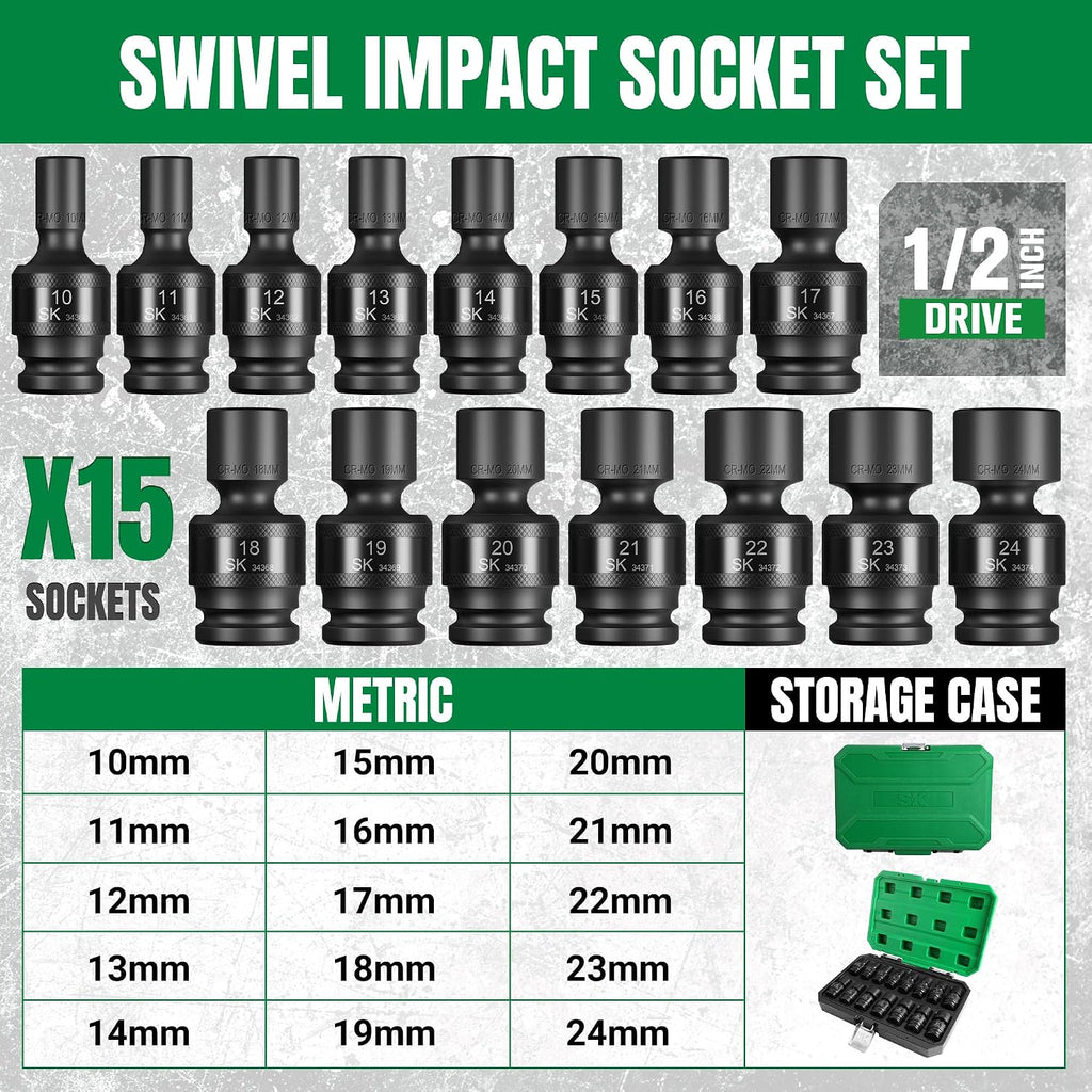 SK 1/2' Drive Universal Swivel Impact Socket Set, Metric Socket Set, 15-Piece, Premium CR-MO Steel, SureGrip 6 Point Design, with Storage Case