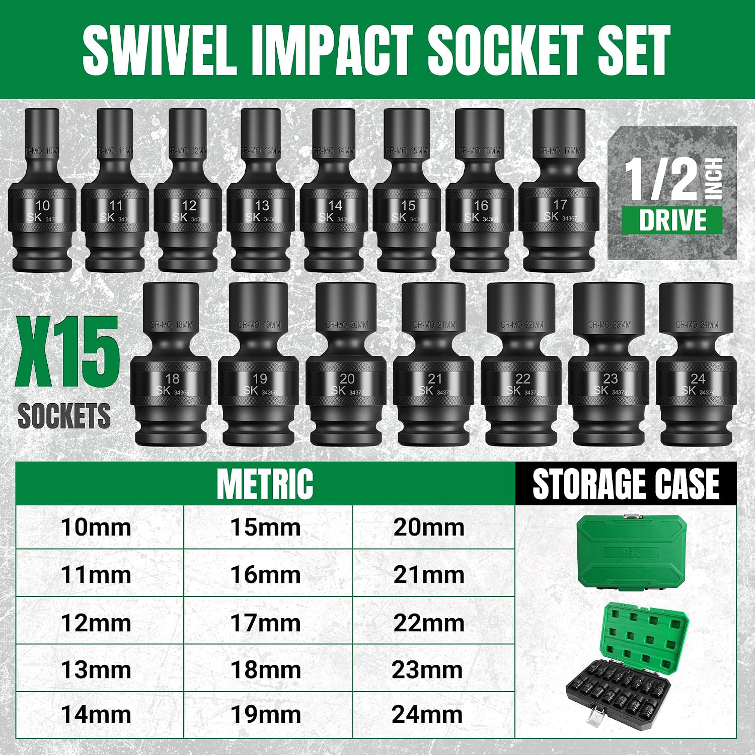 SK 1/2' Drive Universal Swivel Impact Socket Set, Metric Socket Set, 15-Piece, Premium CR-MO Steel, SureGrip 6 Point Design, with Storage Case