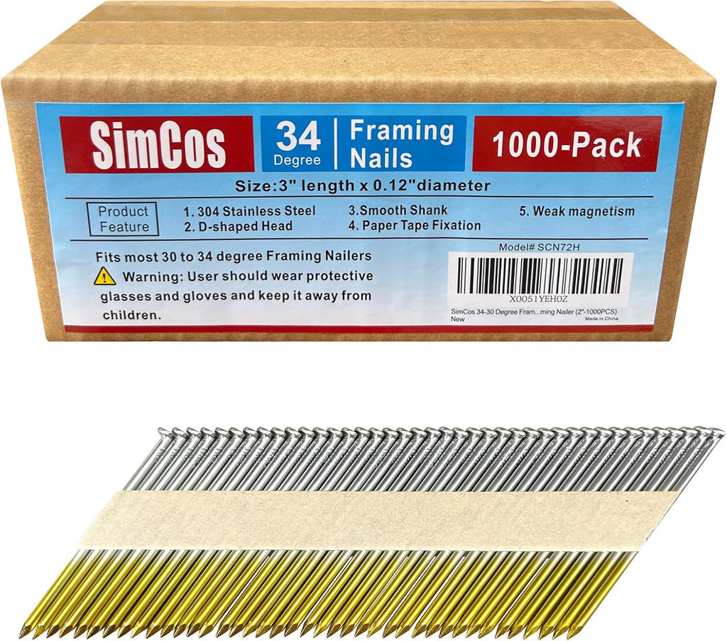 34-30 Degree Framing Nails 304 Stainless Steel D Head Smooth Shank Paper Tape Strip Nails for 30 to 34 degree Framing Nailer (3'-1000PCS)