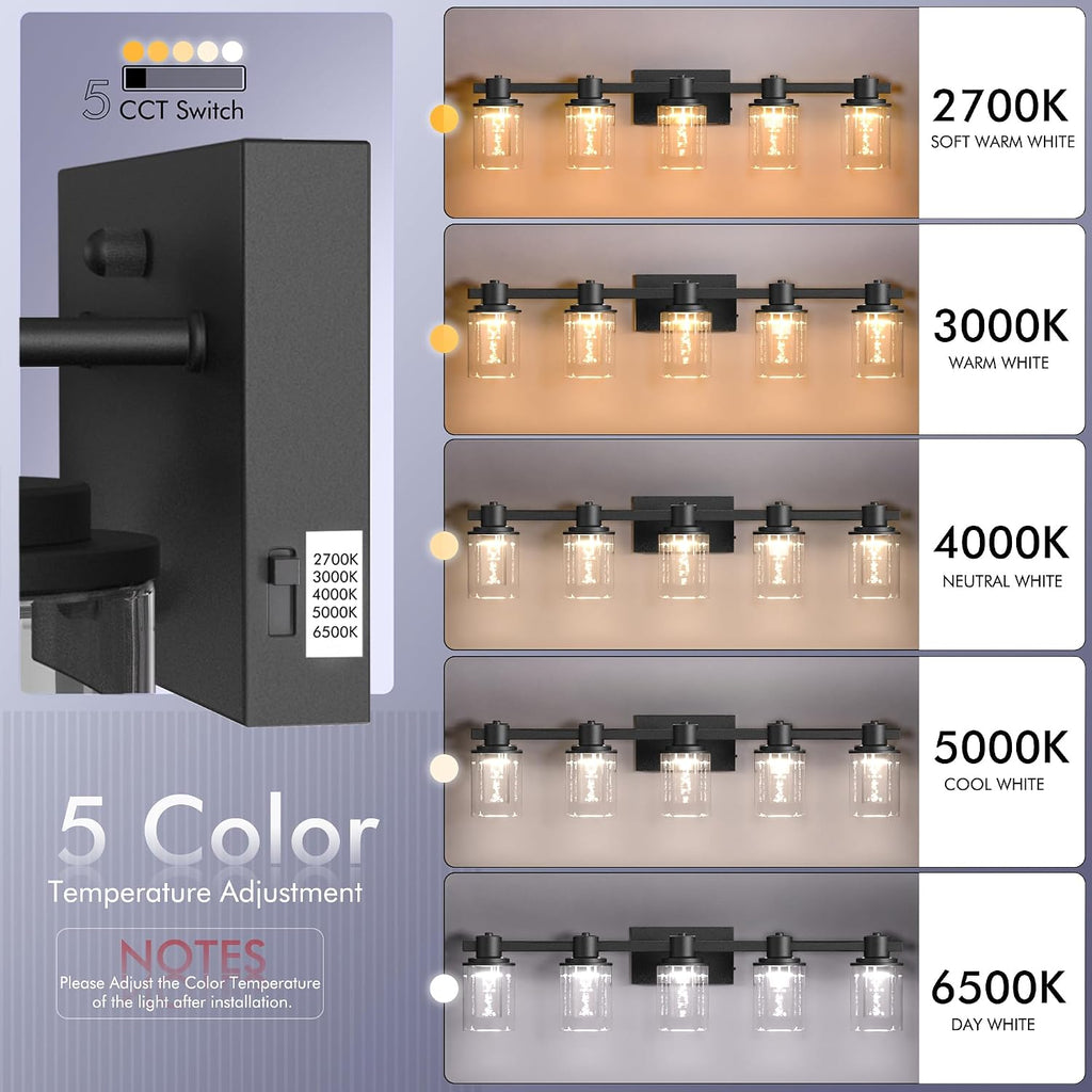 Quntis 5-Light Black Bathroom Light Fixtures with 5 Color Modes, 33 Inch Dimmable Modern Vanity Lighting Fixture Over Mirror, 35 Watts Eye Protection LED Wall Lamp (UL Certified, Bulbs Included)