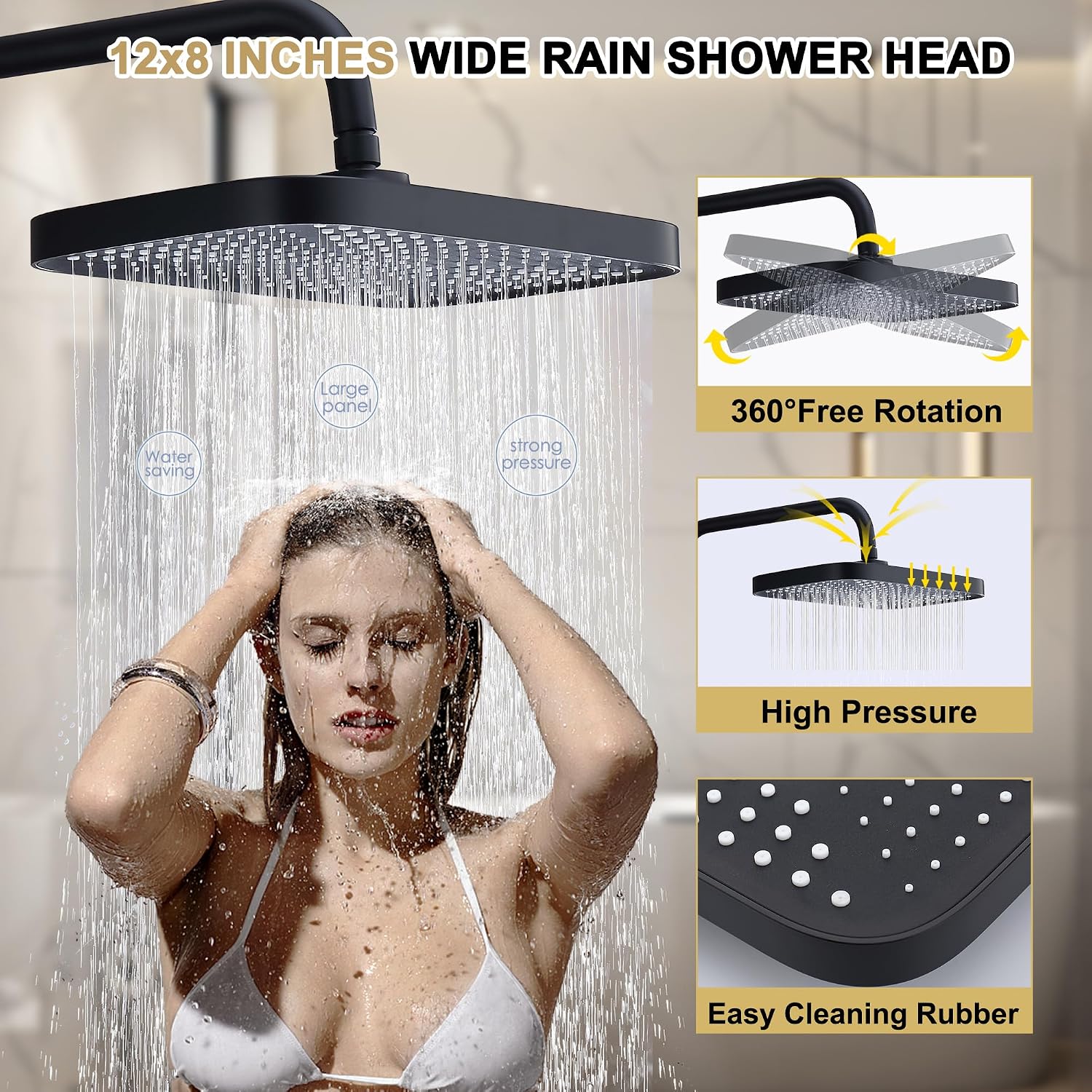 Shower Systems with 12 x8 Inches Rain Shower Head, Matte Black Exposed Pipe Shower System,3 Functions Tub Shower Faucet Sets,Overhead Shower System with Handheld
