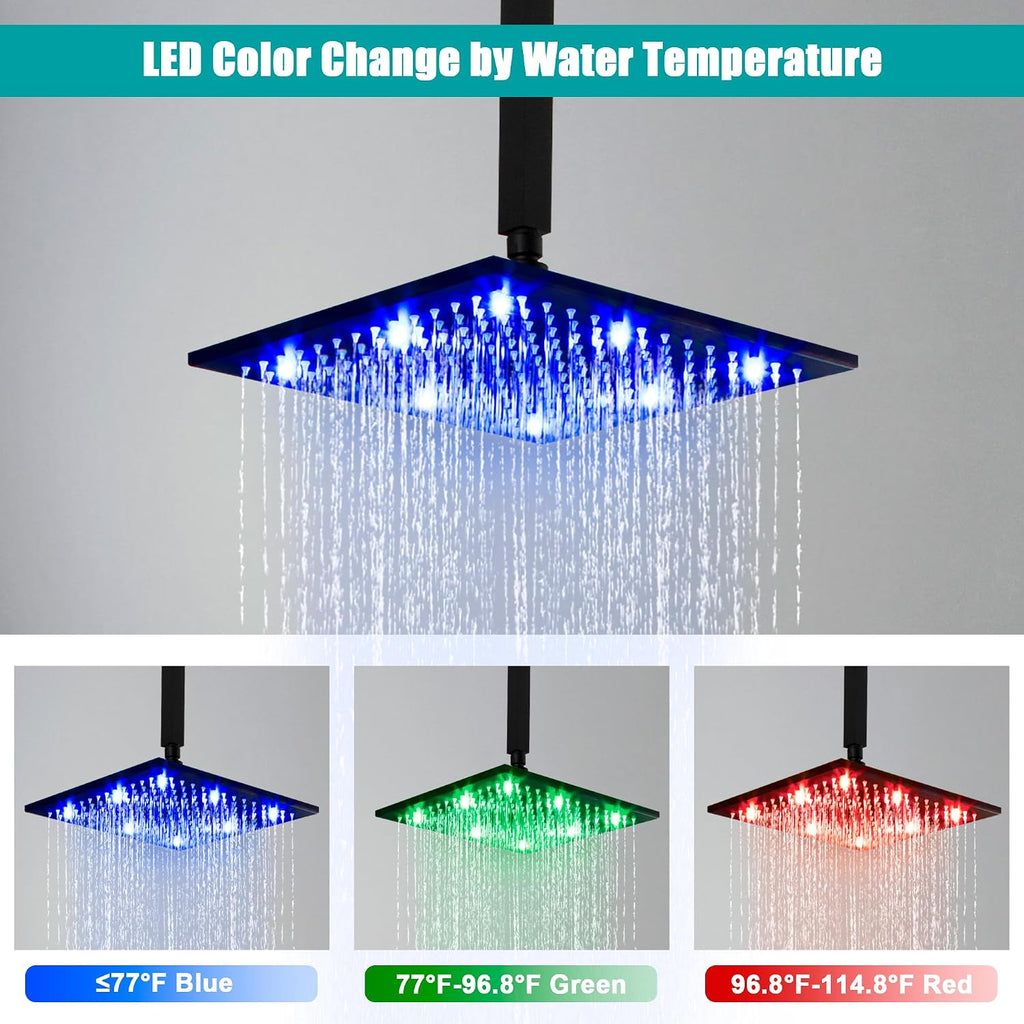 SKOWLL Matte Black Shower Faucet Set, High Pressure Ceiling 12 Inch LED Shower Head with Handheld Bathroom Full Body Shower System Include 6 Body Spray Jet