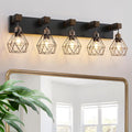Farmhouse Bathroom Vanity Light Fixtures, 5-Light Wood Bathroom Light Fixtures Over Mirror, Rustic Sconces Wall Lighting with Elegant Metal Lampshade for Living Room, Bedroom, Hallway