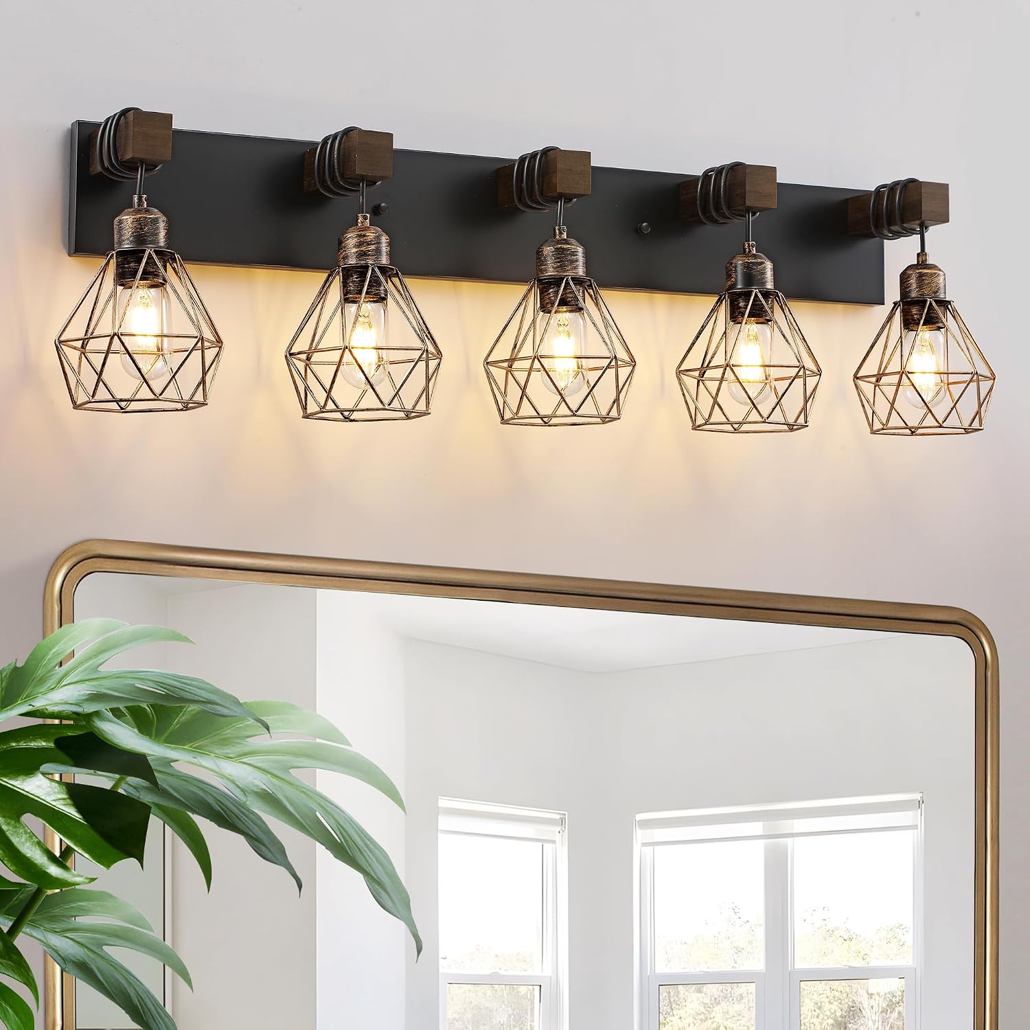 Farmhouse Bathroom Vanity Light Fixtures, 5-Light Wood Bathroom Light Fixtures Over Mirror, Rustic Sconces Wall Lighting with Elegant Metal Lampshade for Living Room, Bedroom, Hallway