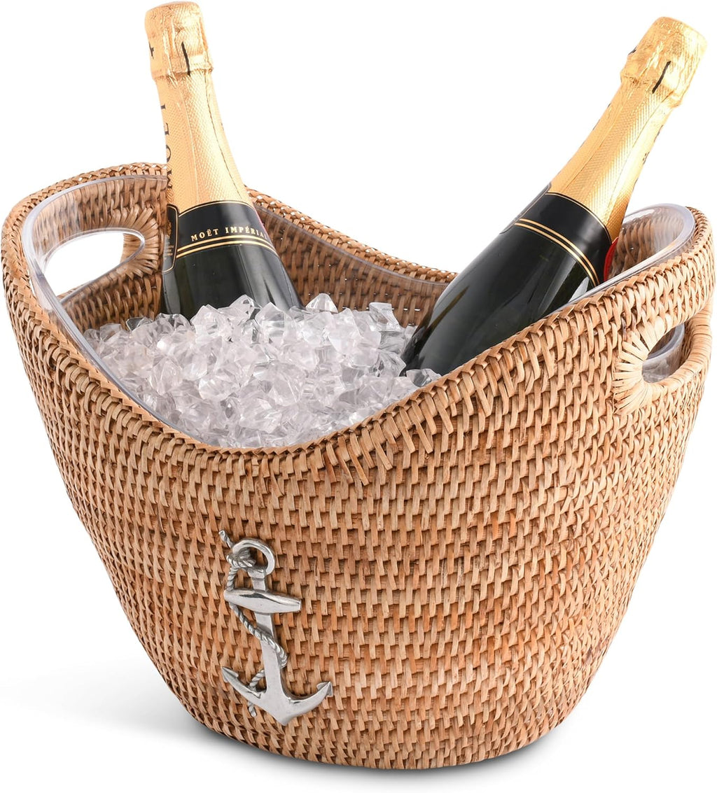 Vagabond House Beach Essentials - Cooler, Handwoven Rattan Wicker Champagne Bucket with Pewter Anchor Accent, Boho Bucket, Beach Home, Coastal Decor, Lightweight Holds Multi Wine Bottles Beer Soda