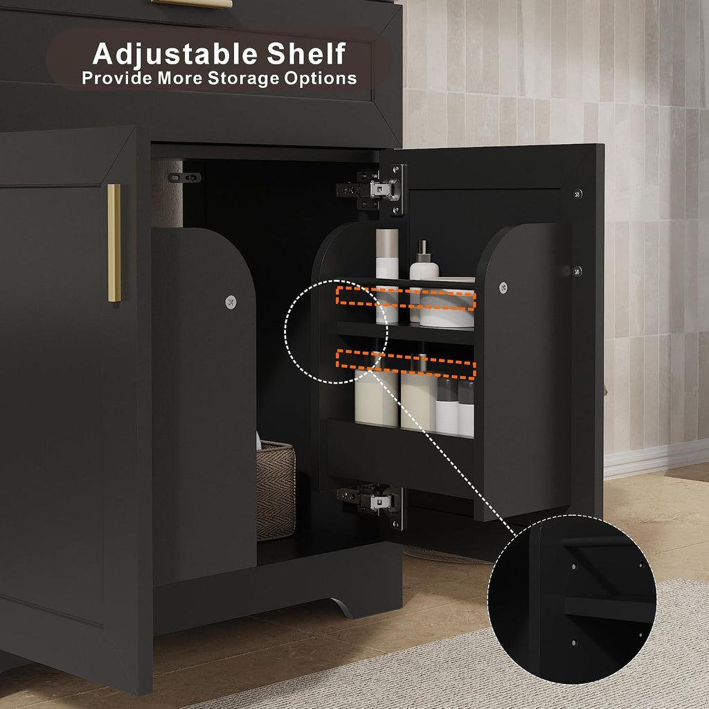 KIGOTY 24' Modern Bathroom Vanity with Ceramic Sink, Wooden Bathroom Storage Cabinet and Sink Combo Set, Freestanding Vanity Sink Cabinet with Faucet, Drawer and Soft-Closing Door (Black)