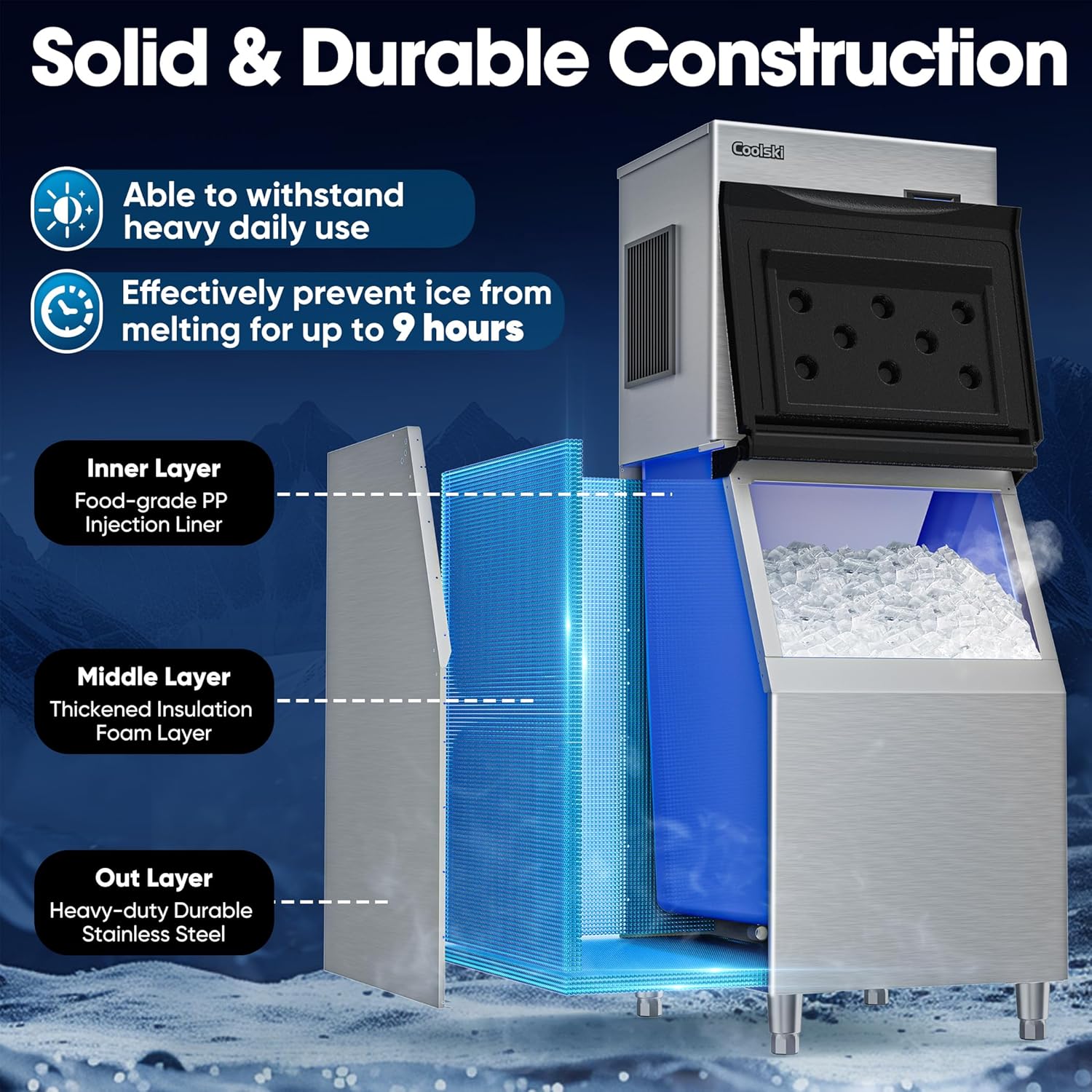 Coolski Commercial Ice Machine 420LBS/24H, 22'W Industrial Ice Maker with Large Storage Bin, Fast Ice Making, Upgraded Water Filters, DOE & ETL Certified, Ideal for Restaurants/Bars/Hotels