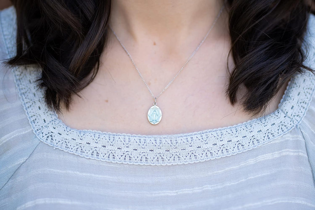 Heartland Store Women's Oval Blue Enamel Miraculous Medal Necklace - 18' Sterling Silver Chain - Elegant Religious Jewelry for Faith and Devotion - USA Made