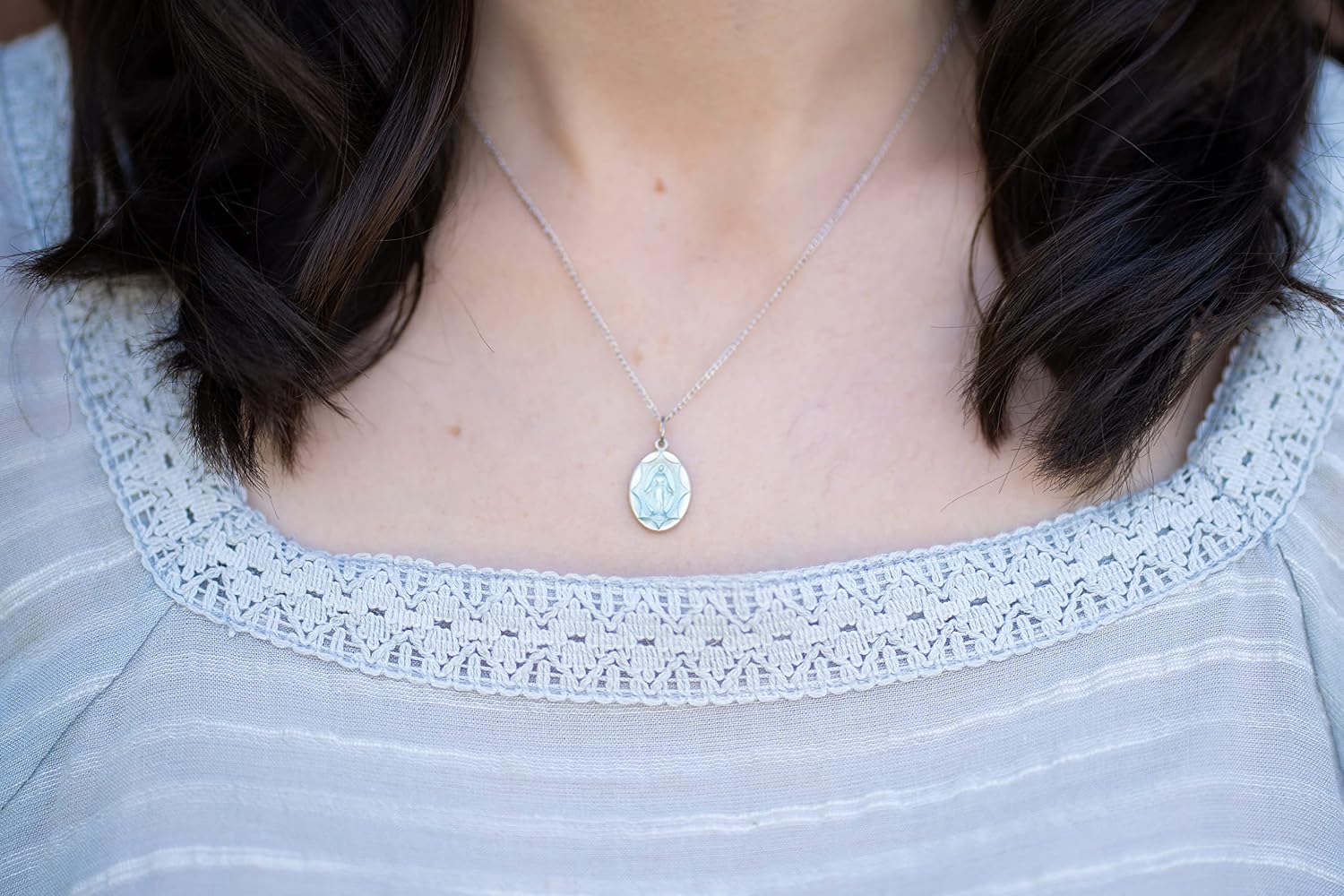 Heartland Store Women's Oval Blue Enamel Miraculous Medal Necklace - 18' Sterling Silver Chain - Elegant Religious Jewelry for Faith and Devotion - USA Made