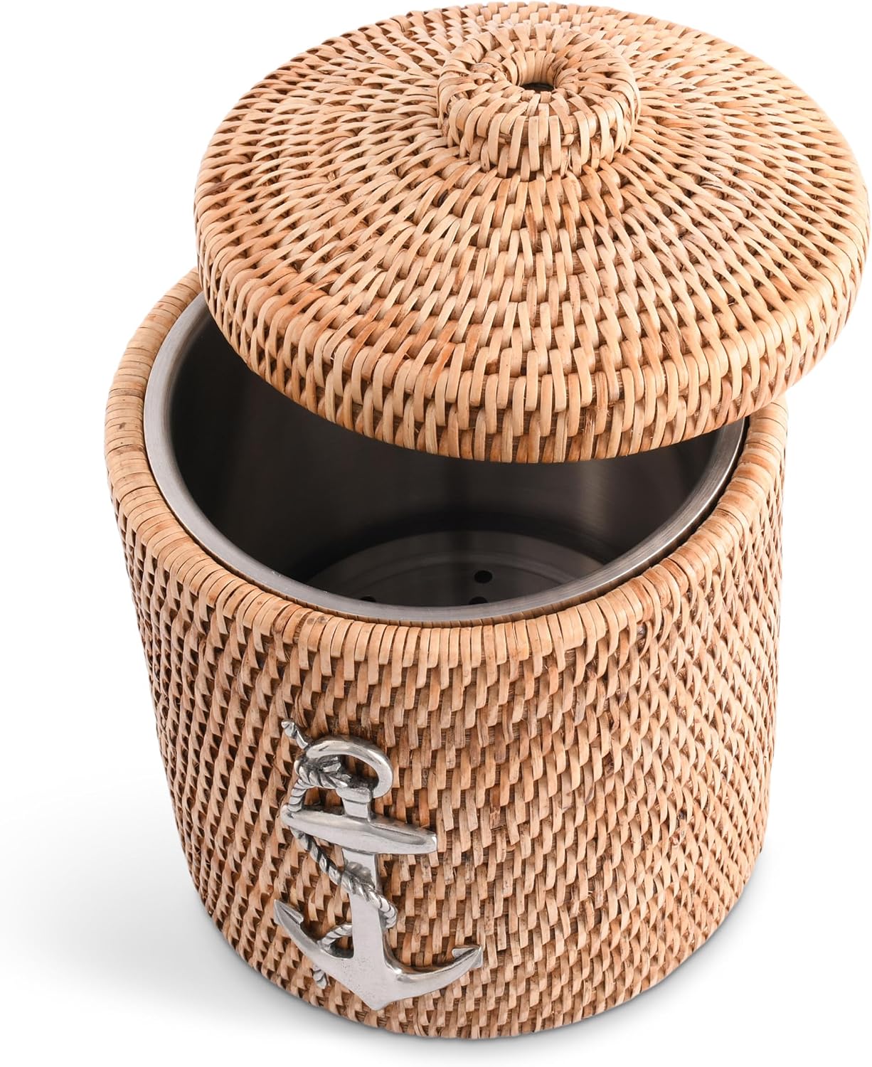 Vagabond House Inspiring Beach Essentials - Luxury Double-Walled Wicker Rattan Ice Bucket with Pewter Metal Anchor, Durable Outdoor Cooler Side Table for Beach House Coastal Boating Lidded ice cooler