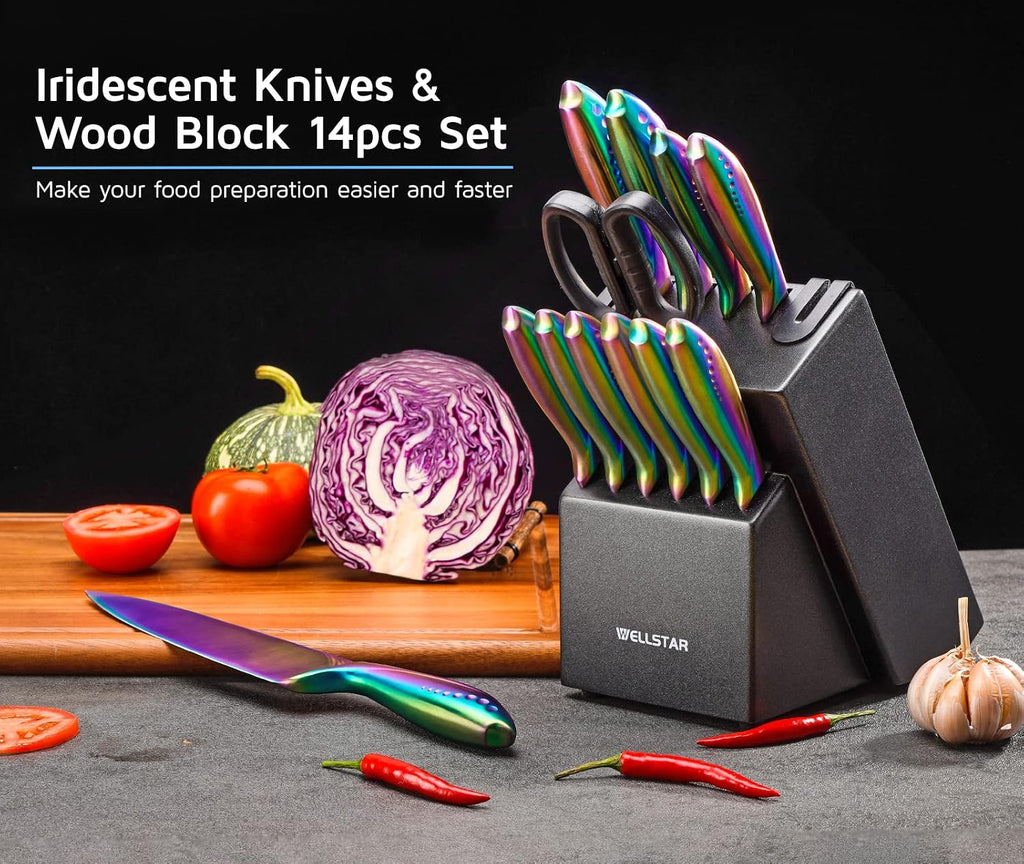 WELLSTAR Rainbow Knife Set 14 Pieces, Iridescent German Stainless Steel Kitchen Knives Set with Wooden Block, Colorful Titanium Coating, Chef's Knife Block Set with Scissors and Built-in Sharpener