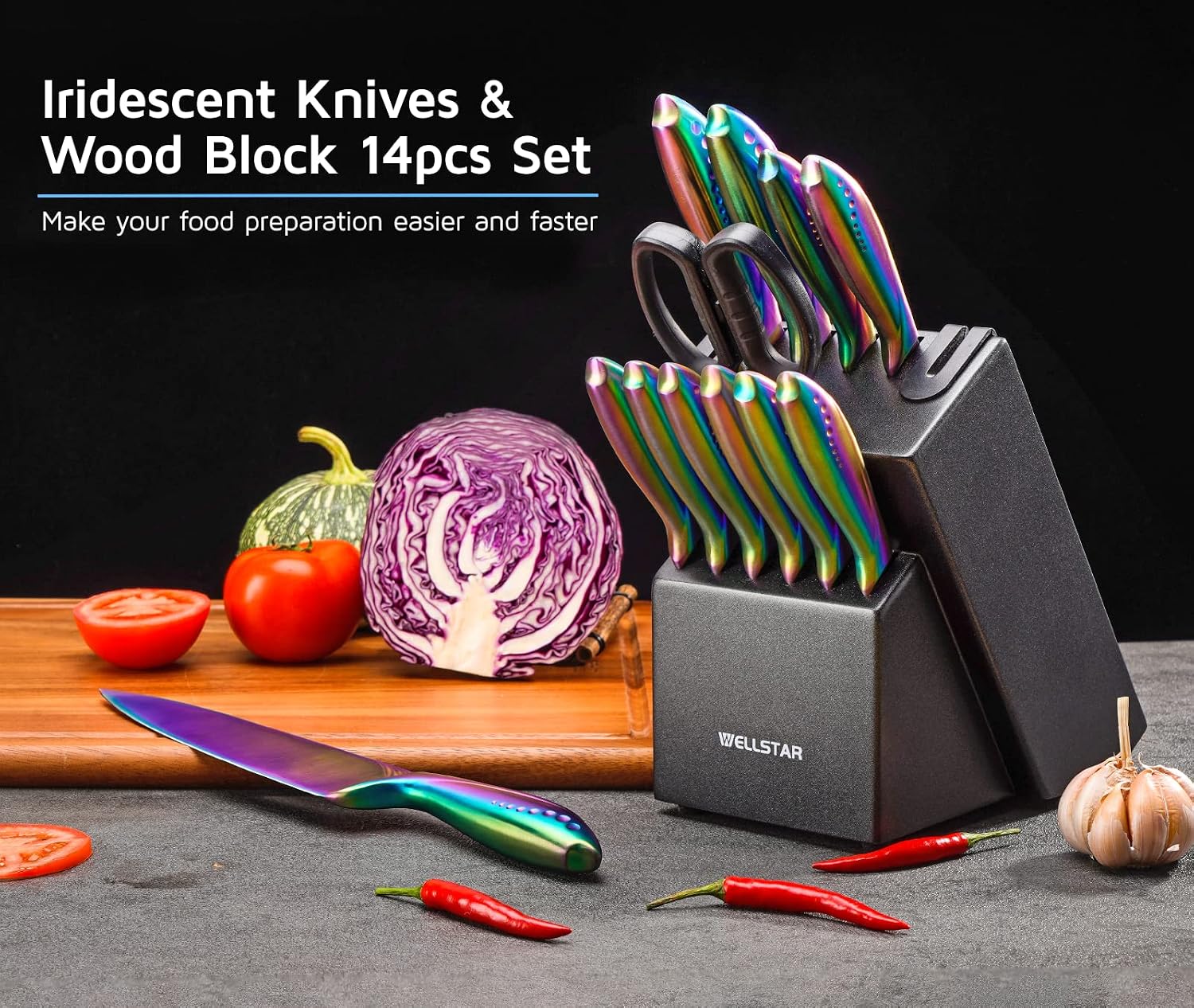WELLSTAR Rainbow Knife Set 14 Pieces, Iridescent German Stainless Steel Kitchen Knives Set with Wooden Block, Colorful Titanium Coating, Chef's Knife Block Set with Scissors and Built-in Sharpener