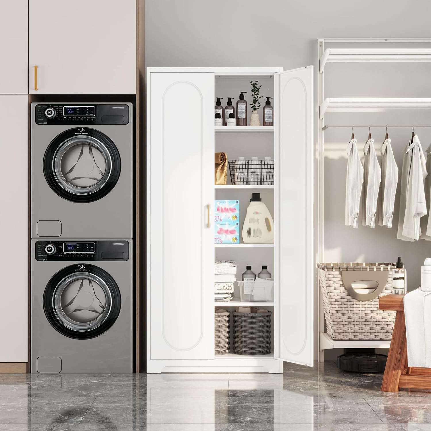 SteeLoong Kitchen Pantry Cabinet,71'Metal White Storage Cabinet with Doors and Shelves,Tall Cabinet with 2 Gold Hands for Dinning Room,Living Room