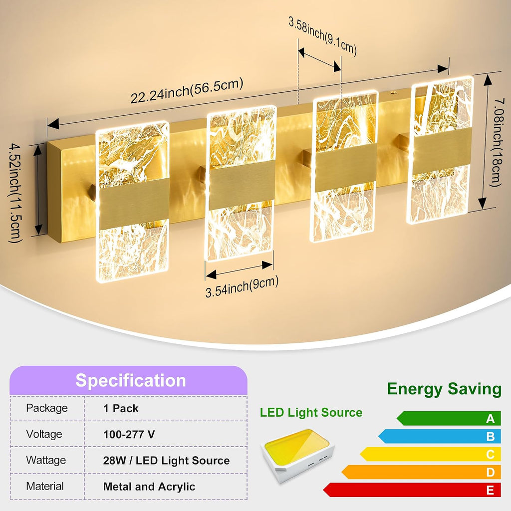 Modern LED Bathroom Light Fixtures Dimmable 4-Light Gold Vanity Light, 5CCT Adjustable Lighting Fixture Vanity Lights Over Mirror, Smoked Acrylic LED Vanity Lights for Bathroom