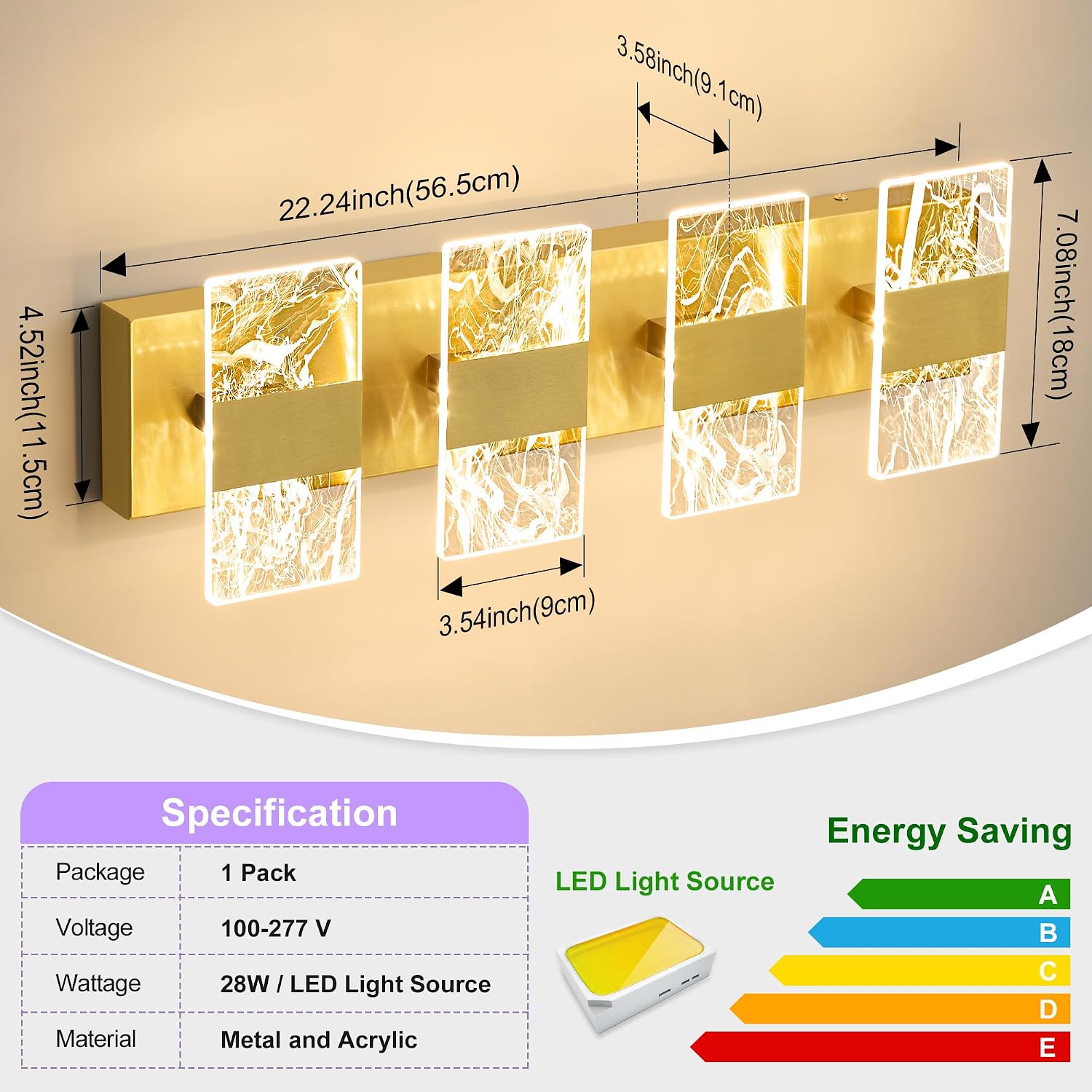 Modern LED Bathroom Light Fixtures Dimmable 4-Light Gold Vanity Light, 5CCT Adjustable Lighting Fixture Vanity Lights Over Mirror, Smoked Acrylic LED Vanity Lights for Bathroom
