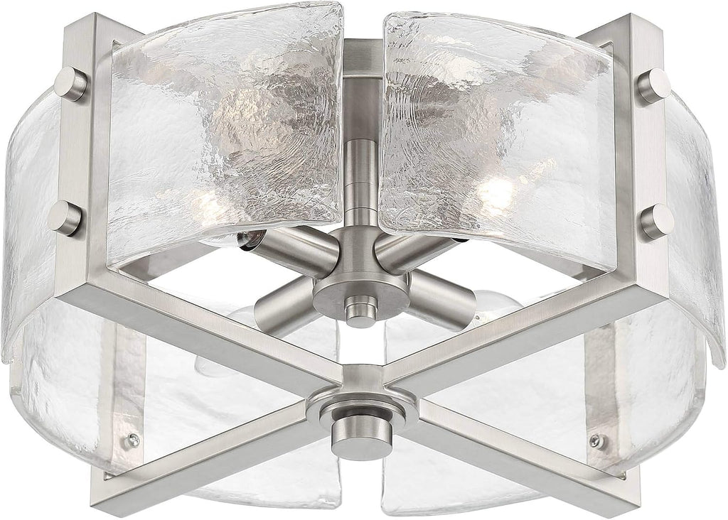 Possini Euro Design Prane Modern Industrial Ceiling Light Semi-Flush Mount Fixture Brushed Nickel 17' Wide Warped Glass Drum Shade for House Bedroom Hallway Living Room Bathroom Dining Kitchen