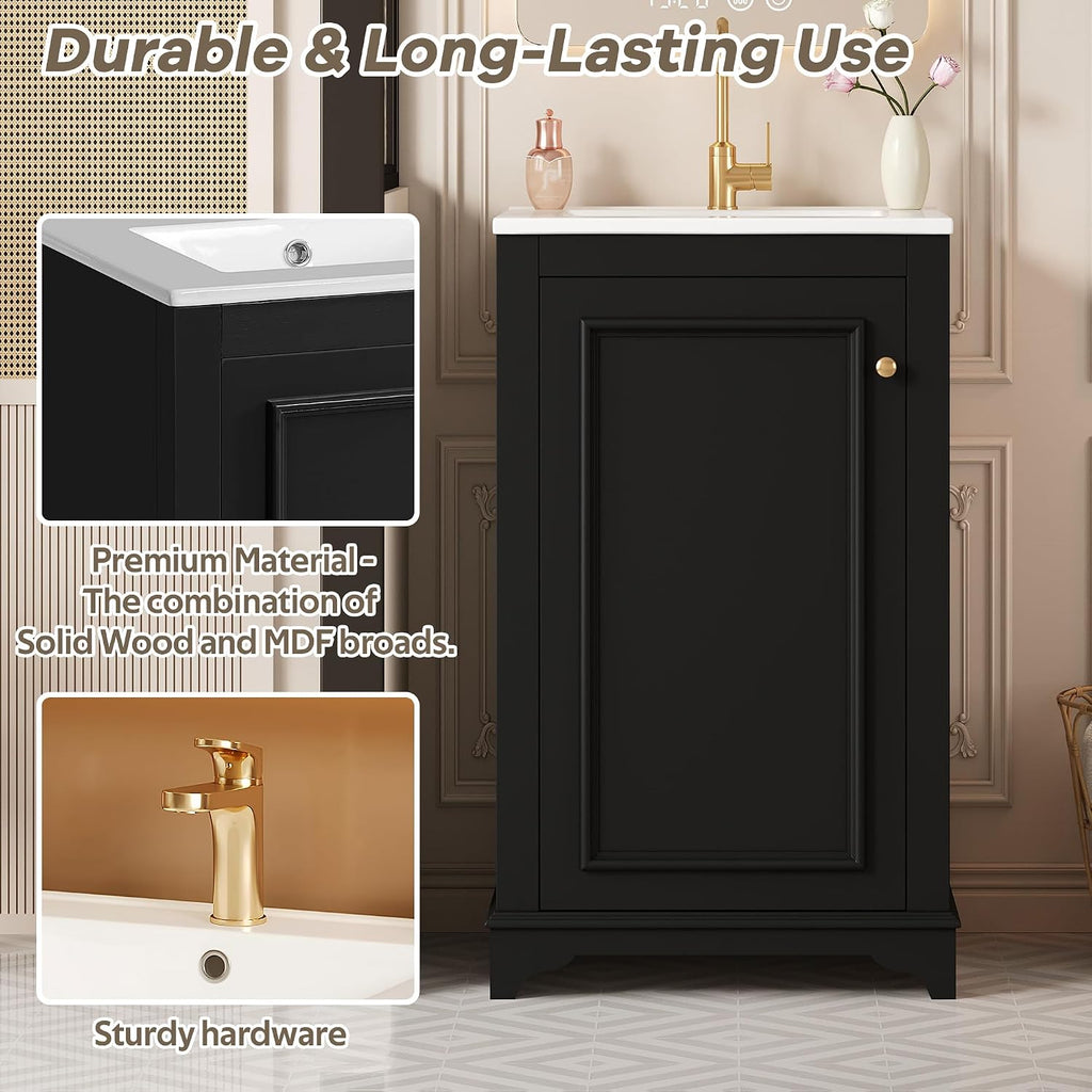Merax 20' Narrow Bathroom Vanity with Ceramic Sink, Freetanding Modern Single Vanity Set with Soft Closing Door and Adjustable Shelf (Black)
