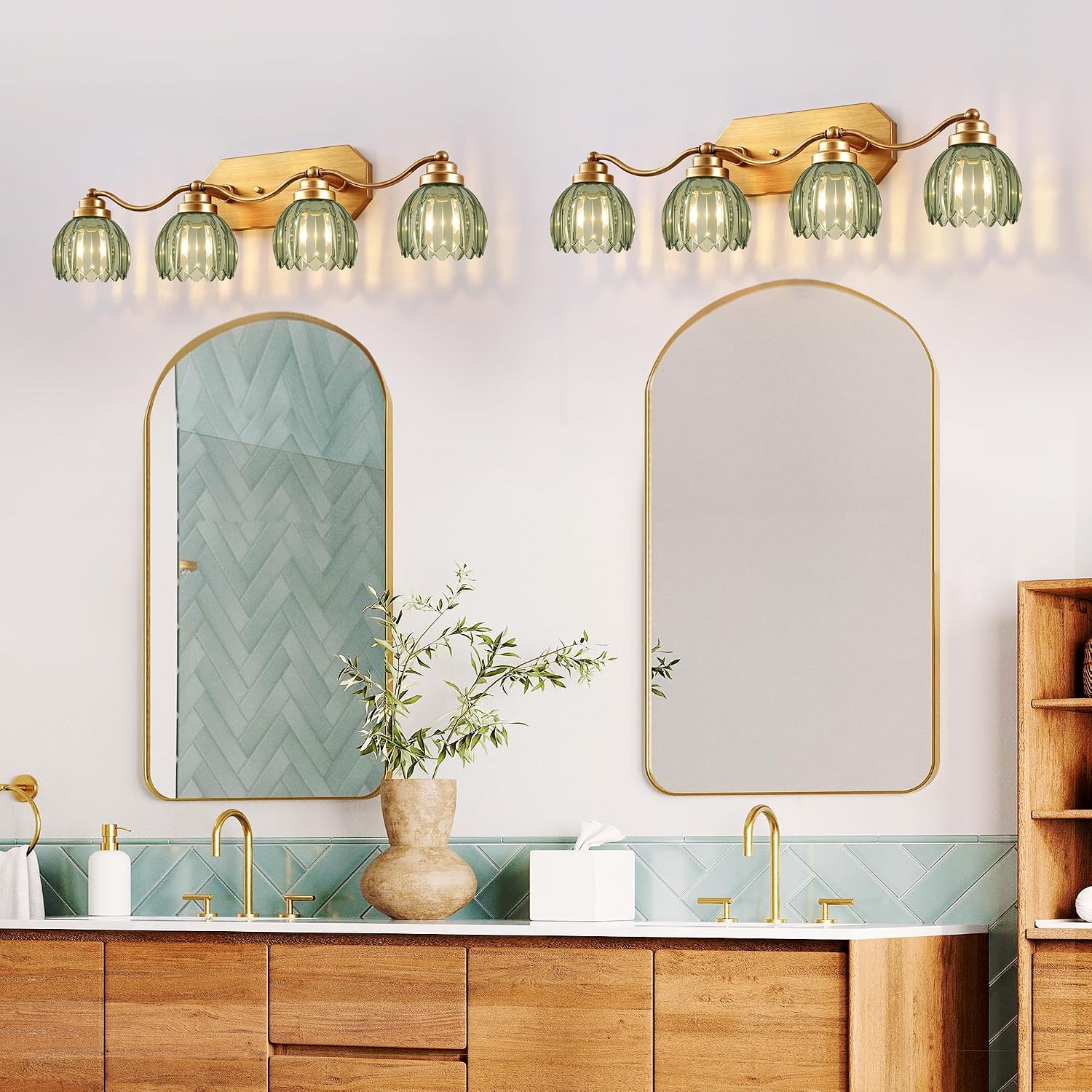 VbiTmn Gold Bathroom Light Fixtures, 4 Light Vintage Vanity Lights, Antique Brass Brushed Gold Finish, Crystal Green Glass Shade, Mid Century Wall Sconces for Bedroom, Living Room, Hallway