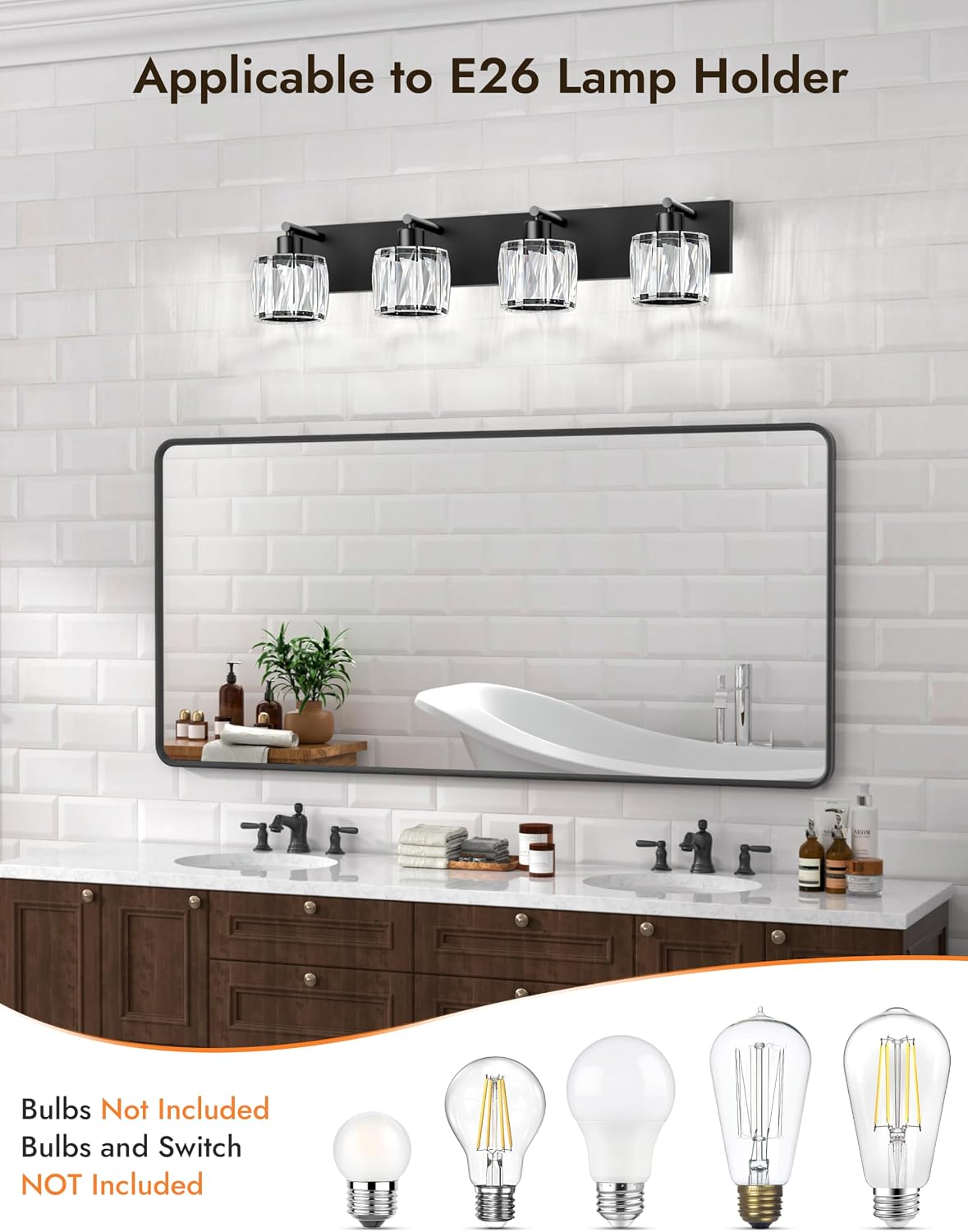 VOLISUN Crystal Vanity Lights for Bathrooms, 4 Light Bathroom Vanity Light, Modern Matte Black Bathroom Light Over Mirror, Black Bathrooms Lights Fixtures-UL Certificated(Exclude Bulb)