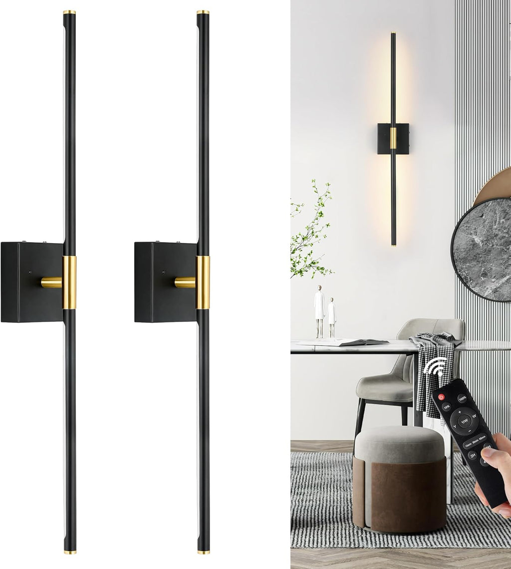 Morauroral 36 Inch Battery Operated Wall Sconces Set of 2, Dimmable Battery Wall Sconce with Remote Control, Black Gold LED Rechargeable Sconces, Modern Wireless Wall Lights for Bedroom, Living Room